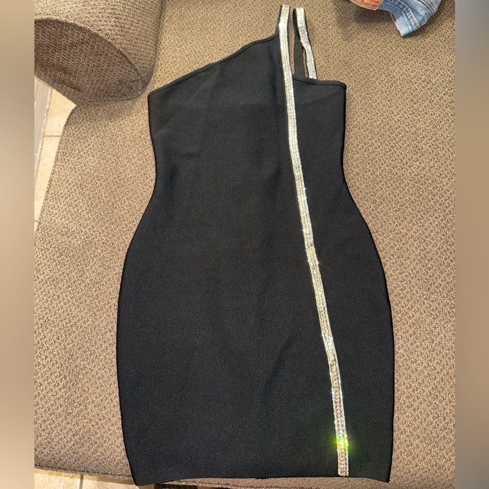 Elegant Black One-Shoulder Dress with Silver Accents